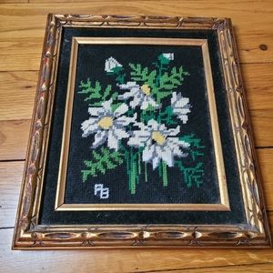 Vintage Embroidered White Flowers Daisy Framed Signed Alison Belanger 1973